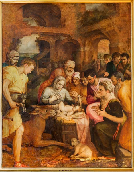 ANTWERP, BELGIUM - SEPTEMBER 4: Tilbedelse av pastorer av Frans Floris fra 1568 i katedralen Vår Frue 4. september 2013 i Antwerpen, Belgia – stockfoto