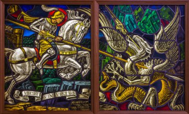 Antwerp, Belçika - 5 Eylül: st. georeg joriskerk ya da st. george Kilisesi 5 Eylül 2013 tarihinde Antwerp, Belçika şeytanla düello pencere camı