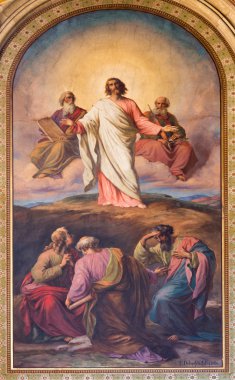 VIENNA - JULY 27: Fresco of Transfiguration of Jesus on the mount Tabor by Franz Josef Dobiaschofsky from year 1860 in Altlerchenfelder church on July 27, 2013 Vienna. clipart