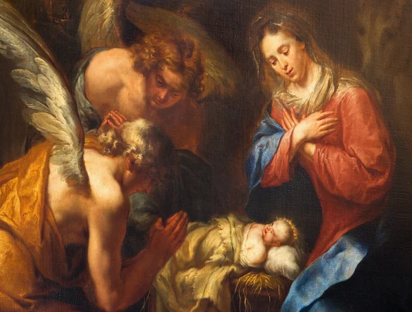 ANTWERP, BÉLGICA - 5 DE SEPTIEMBRE: Detalle de pintura de Natividad de Kasper van Opstal (1660 - 1714) en la iglesia de San Carlos Borromeo el 5 de septiembre de 2013 en Amberes, Bélgica — Foto de Stock