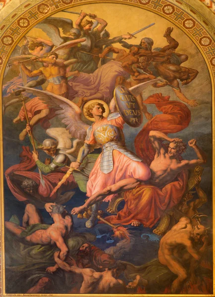 VIENNA - JULY 27: Archangel Michael and war with the bad angels scene by Leopold Kupelwieser from 1860 in nave of Altlerchenfelder church on July 27, 2013 Vienna. — Stock Photo, Image