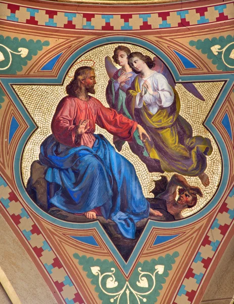 VIENNA - JULY 27: Fresco of Temptation of Jesus scene in side nave of Altlerchenfelder church from 19. cent. on July 27, 2013 Vienna. — Stock Photo, Image