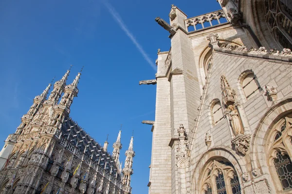 Leuven หอประชุมเมืองโกธิคและโบสถ์เซนต์ปีเตอร์สเบิร์กในตอนเช้า — ภาพถ่ายสต็อก