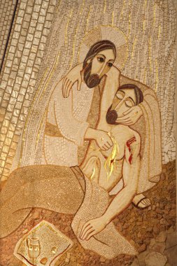 MADRID - MARCH 10: Modern mosiac of Good Samaritan by pater Rupnik from Capilla del Santisimo in Almudena cathedral on March 10, 2013 in Spain. clipart