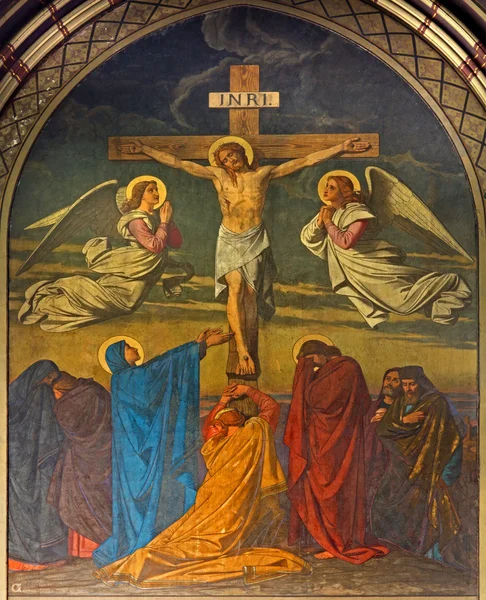 ANTWERP, BÉLGICA - SETEMBRO 5: Crucificação. Fresco em Joriskerk ou St. George igreja de 19. cent. em 5 de setembro de 2013 em Antuérpia, Bélgica — Fotografia de Stock