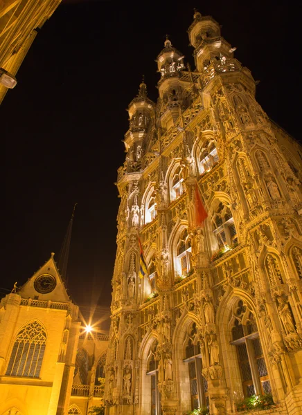 Leuven - severo východní portál gotické radnice v noci — Stock fotografie