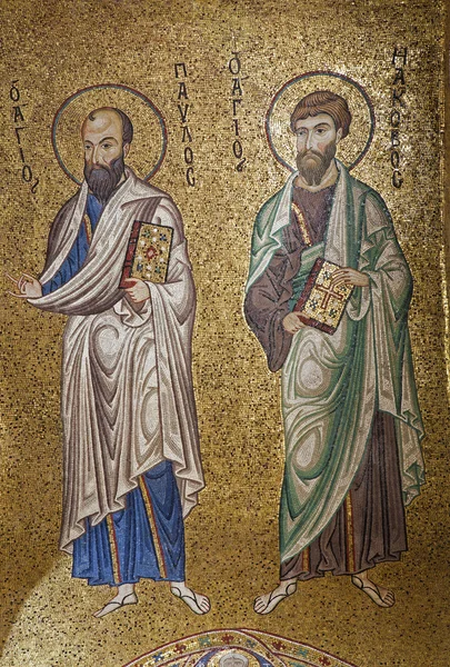 PALERMO - APRIL 8: Mosaic of apostle Paul and Jacob from in Church of Santa Maria dell' Ammiraglio or La Martorana from 12. cent. on April 8, 2013 in Palermo, Italy. — Stock Photo, Image