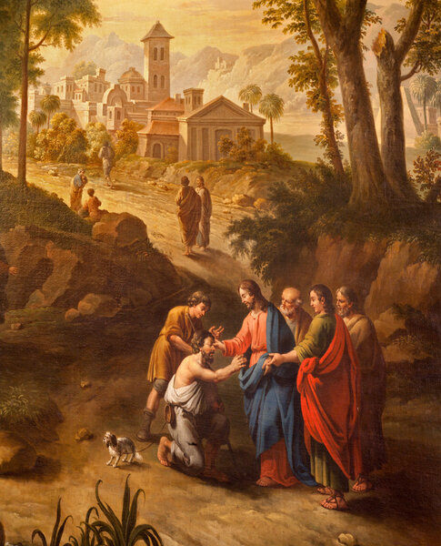 ГЕНТ - 23 ИЮНЯ: Христос исцеляет слепых по дороге в Иерихон. Краска Питера Норберта ван Рейскута (1738 - 1795) в церкви Св. Петерса 23 июня 2012 года в Генте, Бельгия
.