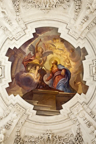 PALERMO - APRIL 8: Annunciation scene on ceiling of side nave in church La chiesa del Gesu or Casa Professa. Baroque church was completed in 1636 on April 8, 2013 in Palermo, Italy. — Stock Photo, Image