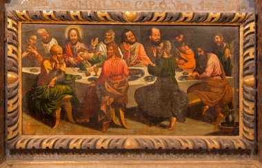 stitnik, Slovakya - 29 Aralık 2013: hans von achen (1636 tarafından stitnik Gotik Protestan Kilisesi'nin ana sunak gelen ahşap üzerine İsa'nın son akşam yemeği ağrı).