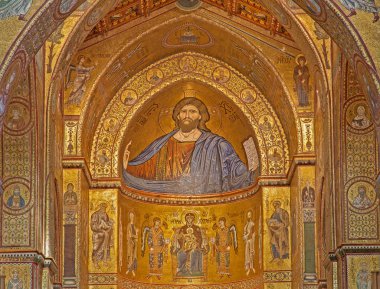 Palermo - 9 Nisan: monreale Katedrali ana Apsis mozaikleri. Kilise norman mimarisi, harika bir örnektir. palermo, İtalya katedral yaklaşık 1200 9 Nisan 2013 tamamlandı.