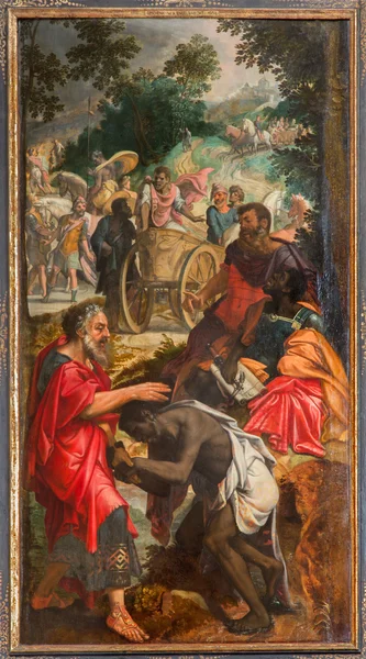 ANTWERP, BELGIUM - SEPTEMBER 5, 2013: Paint of scene - Baptism of the Ethiopian Eunuch by Philip by unknown painter in the cathedral of Our Lady. — Stock Photo, Image