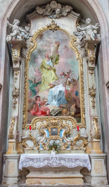 JASOV - JANUARY 2: Baroque side altar and paint of st. Andrew and st. John the Nepomuk by J. L. Kracker (1752 - 1776) from Premonstratesian cloister in Jasov on January 2, 2014 in Jasov, Slovakia. — Stock Photo, Image