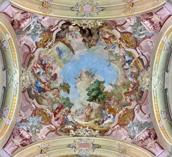 JASOV - JANUARY 2: Fresco of St. John the Baptist by Johann Lucas Kracker from year (1752 - 1776) on baroque ceiling from Premonstratesian cloister in Jasov on January 2, 2014 in Jasov, Slovakia. — Stock Photo, Image