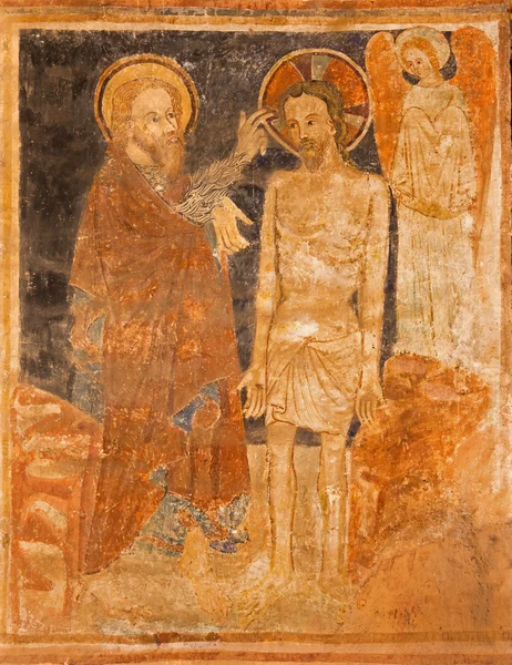 STITNIK - DECEMBER 29: Medieval fresco of Baptism of Christ in gothic evangelical church in Stitnik from 14 - 15 cent. on December 29, 2013 in Stitnik, Slovakia. — Stock Photo, Image