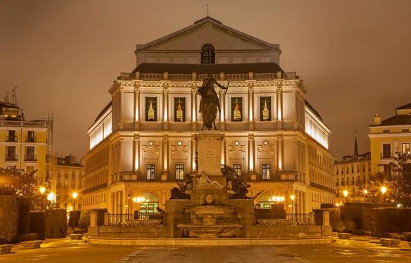 Madrid - Philip IV of Spain memorial and Opera at night — Stock Photo, Image