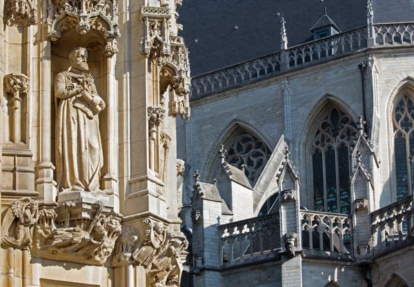 Leuven - detail van gotische stadhuis en st. peters kathedraal in ochtend licht — Stockfoto