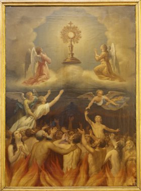Madrid - 10 Mart: eucharist ve Araf'ta ruhlar. 10 Mart 2013 İspanya 10 Mart 2013 yılında madrid.in Iglesia catedral de las Panama armada de espana boyayın.