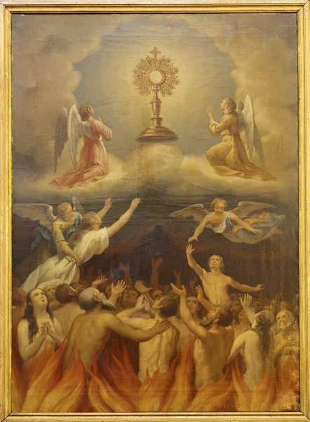 Madrid - 10. März: Eucharistie und die Seelen im Fegefeuer. Farbe in iglesia catedral de las fuerzas armada de espana am 10. März 2013 in madrid.im 10. März 2013 in spanien. — Stockfoto