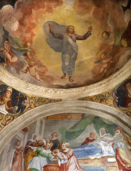 贝加莫-1 月 26 日： 复活的基督，从礼拜堂在教堂里的壁画米歇尔 · 阿尔 pozzo 安科由意大利贝加莫从 2013 年 1 月 26 日第 1577年同比 giovan 巴蒂斯塔 guarinoni d'averara. — 图库照片