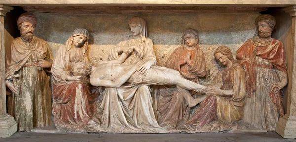 VERONA - JANUARY 28: Anointment of Jesus in the tomb from San Fermo Maggiore from 13. cent. on January 28, 2013 in Verona, Italy. — Stock Photo, Image