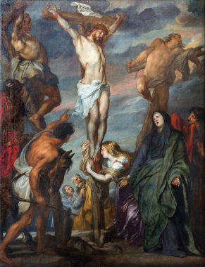 Mechelen, Belçika - Eylül 6 m 2013: boya Aziz Öztuna'nın Katedrali görkemli Barok ressam tarafından çarmıha sahnenin anton van dyck.
