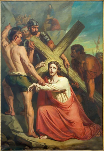 LEUVEN, BELGIUM - SEPTEMBER 3, 2013: Jesus under cross. Paint form St. Michael church (Michelskerk) from year 1855 by Xavier Everaert. — Stock Photo, Image