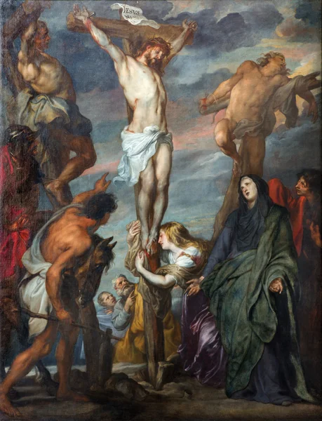 MECHELEN, BELGIUM - SEPTEMBER 6m 2013: Paint of Crucifixion scene in St. Rumbold's cathedral by glorious baroque painter Anton van Dyck. — Stock Photo, Image