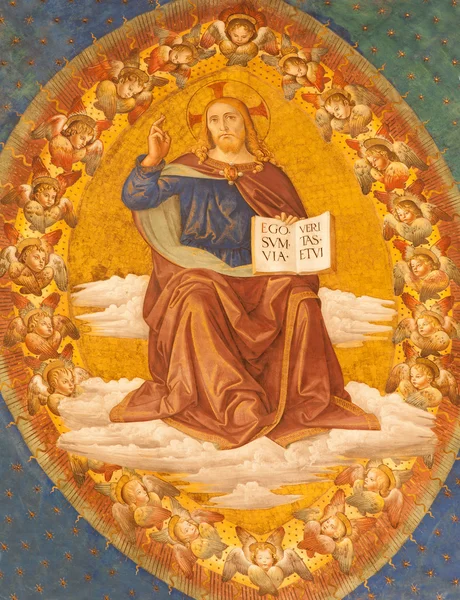 Roma Dettaglio dell'affresco di Cristo Pantokrator dall'abside della chiesa di Santa Croce in Gerusalemme di Antoniazzo Romano (1430-1510) e Marco Palmezzano (1460-1539) ) — Foto Stock