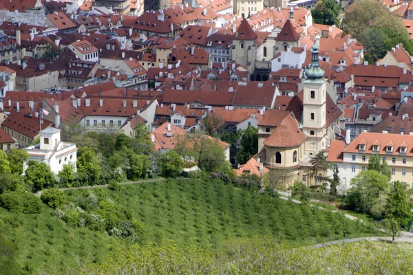 Praga - Perspectiva de Petrin para a igreja A Nossa Senhora da Vitória — Fotografia de Stock