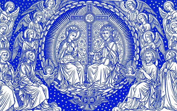 Maria en Jezus in de hemel - lithografie van oude missale romanum — Stockfoto