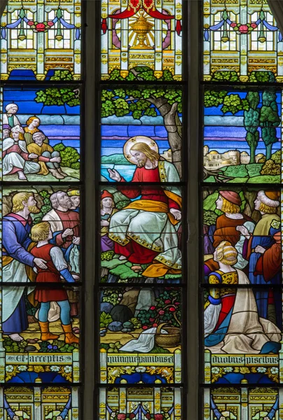 MECHELEN, BÉLGICA - SETEMBRO 6: Sermão na cena do Monte a partir da janela na catedral de St. Rumbold em 6 de setembro de 2013 em Mechelen, Bélgica . — Fotografia de Stock