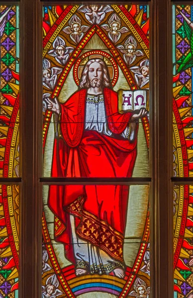 BRATISLAVA, SLOVAKIA - FEBRUARY 11, 2014: Jesus the Pantokrator from windowpane on west portal of st. Matins cathedral from 19. cent. from manufactures of Karol Geyling and Eduard Kratzmann, — Stock Photo, Image