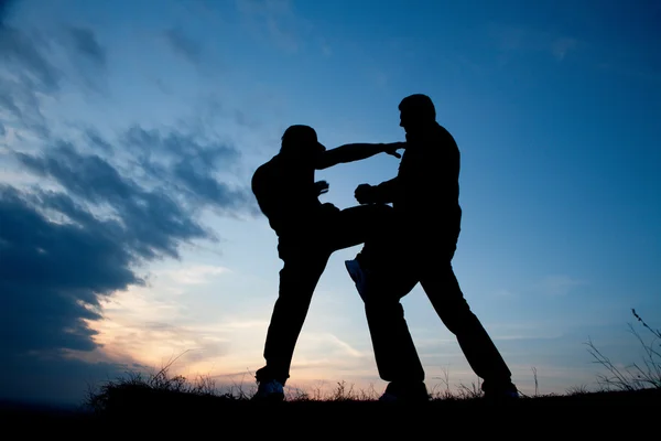 Trening karate wieczorem - sylwetka — Zdjęcie stockowe