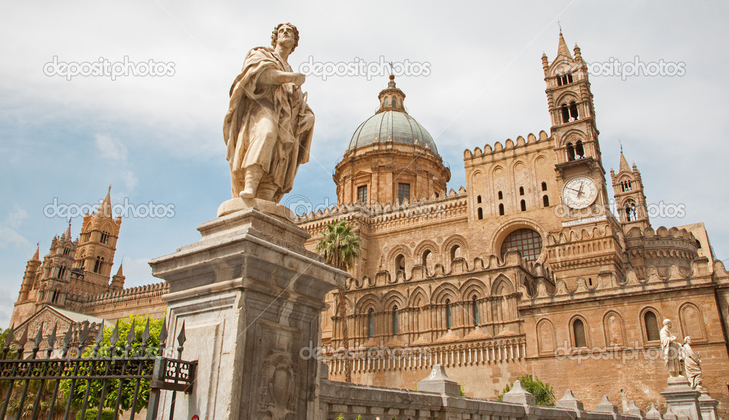 Palermo - South portal of Cathedral or Duomo and statue of st. Eustatius