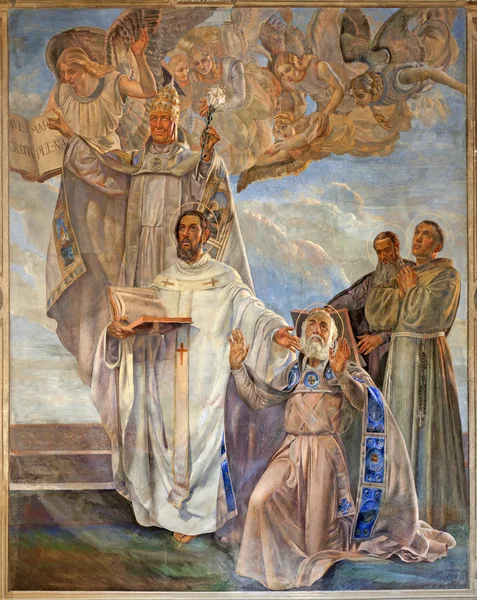 VERONA - JANEIRO 27: Fresco de quatro grandes professores da igreja católica ocidental por Agostino Pegrassi do ano 1932 na igreja de San Bernardino e capela de Canossa no dia 27 de janeiro de 2013 em Verona, Itália . — Fotografia de Stock