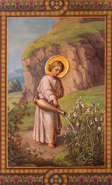 VIENA, AUSTRIA - 17 DE FEBRERO DE 2014: Fresco del pequeño Jesús como jardinero por Josef Kastner 1906 - 1911 en la iglesia Carmelita en Dobling . — Foto de Stock