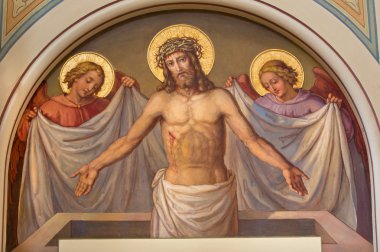 VIENNA, AUSTRIA - FEBRUARY 17, 2014: Fresco of Resurrected Christ in Carmelites church in Dobling from begin of 20. cent. by Josef Kastner. clipart