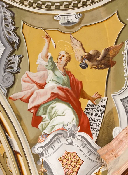 SAINT ANTON, SLOVAKIA - FEBRUARY 26, 2014: Saint John the Evangelist fresco from ceiling of chapel in Saint Anton palace by Anton Schmidt from years 1750 - 1752. — Stock Photo, Image