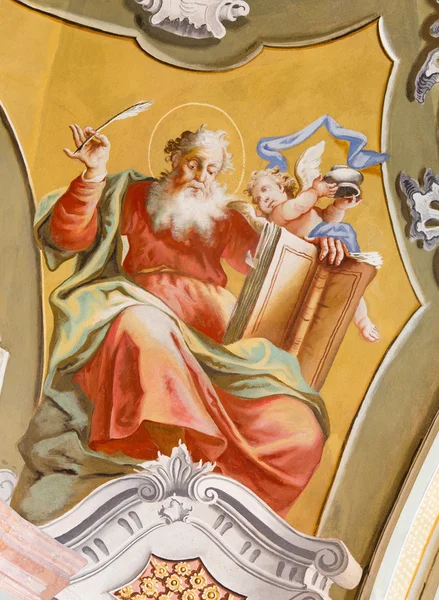 SAINT ANTON, SLOVAKIA - FEBRUARY 26, 2014: Saint Matthew the Evangelist fresco from ceiling of chapel in Saint Anton palace by Anton Schmidt from years 1750 - 1752 — Stock Photo, Image