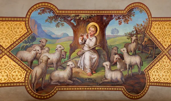 Wenen, Oostenrijk - 17 februari 2014: fresco van de kleine Jezus als de goede herder door josef kastner 1906-1911 in Karmelieten kerk in dobling. — Stockfoto