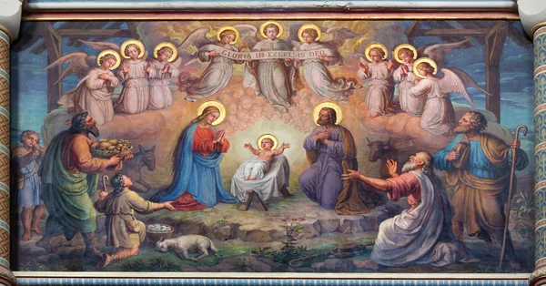 VIENNA, AUSTRIA - FEBRUARY 17, 2014: Fresco of Nativity scene by Josef Kastner from 1906 - 1911 in Carmelites church in Dobling. — Stock Photo, Image