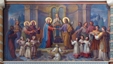 Vienna, Avusturya - ö. 17 Şubat 2014: Meryem ve Yusuf fresk josef kastner 1906-1911 dobling carmelites kilise tarafından düğün.