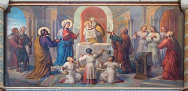 Vienna, Avusturya - ö. 17 Şubat 2014: küçük İsa tapınakta sunu fresco josef kastner 1906-1911 dobling carmelites kilise tarafından.