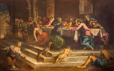 Venice, İtalya - 12 Mart 2014: son yıl 1579-1580 yılında kilise chiesa di san stefano jacopo robusti (tintoretto) tarafından Mesih'in (ultima cena) yemeği.