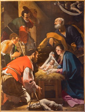 Bologna, İtalya - 16 Mart 2014: giacomo cavedoni (1577-1660) içinde saint paul ya da chiesa di san paolo Barok kilise tarafından Doğuş Şapel gelen çoban boya hayranlığı.