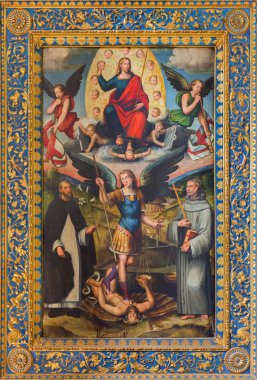 Bologna, İtalya - 16 Mart 2014 archangel michael, St dominic ve st. francis ve İsa pantokrator kilise chiesa di san domneico - saint dominic tarafından giacomo francia (1486-1557 yılında).