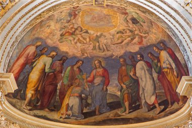 Bologna, İtalya - 15 Mart 2014: dom - saint peters Barok kilise tarafından cesare fiorini e cesare aretusi 16 ana apsis fresk. cent. İsa'nın st. peter için sembolik anahtarları ver.
