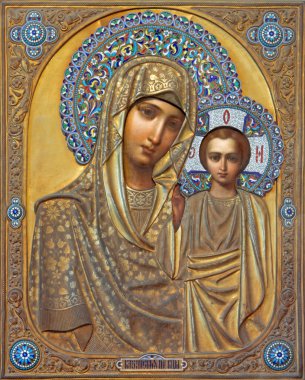 Venice, İtalya - 13 Mart 2014: madonna'nın simgesi Rus kentine çocuk ile kazan san martino saint Martin burano Adası Kilisesi.