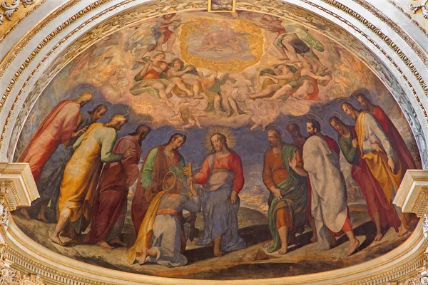 BOLOGNA, ITALIA - maaliskuu 15, 2014: Fresco in main apse of Dom - Saint Peters barokki kirkko Cesare Fiorini e Cesare Aretusi 16 senttiä. Kristus antaa symboliset avaimet st. Peter . — kuvapankkivalokuva